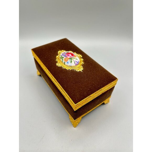 Vintage Gold & Brown Velvet Jewelry Box with Floral Porcelain Accent - Picture 2 of 9